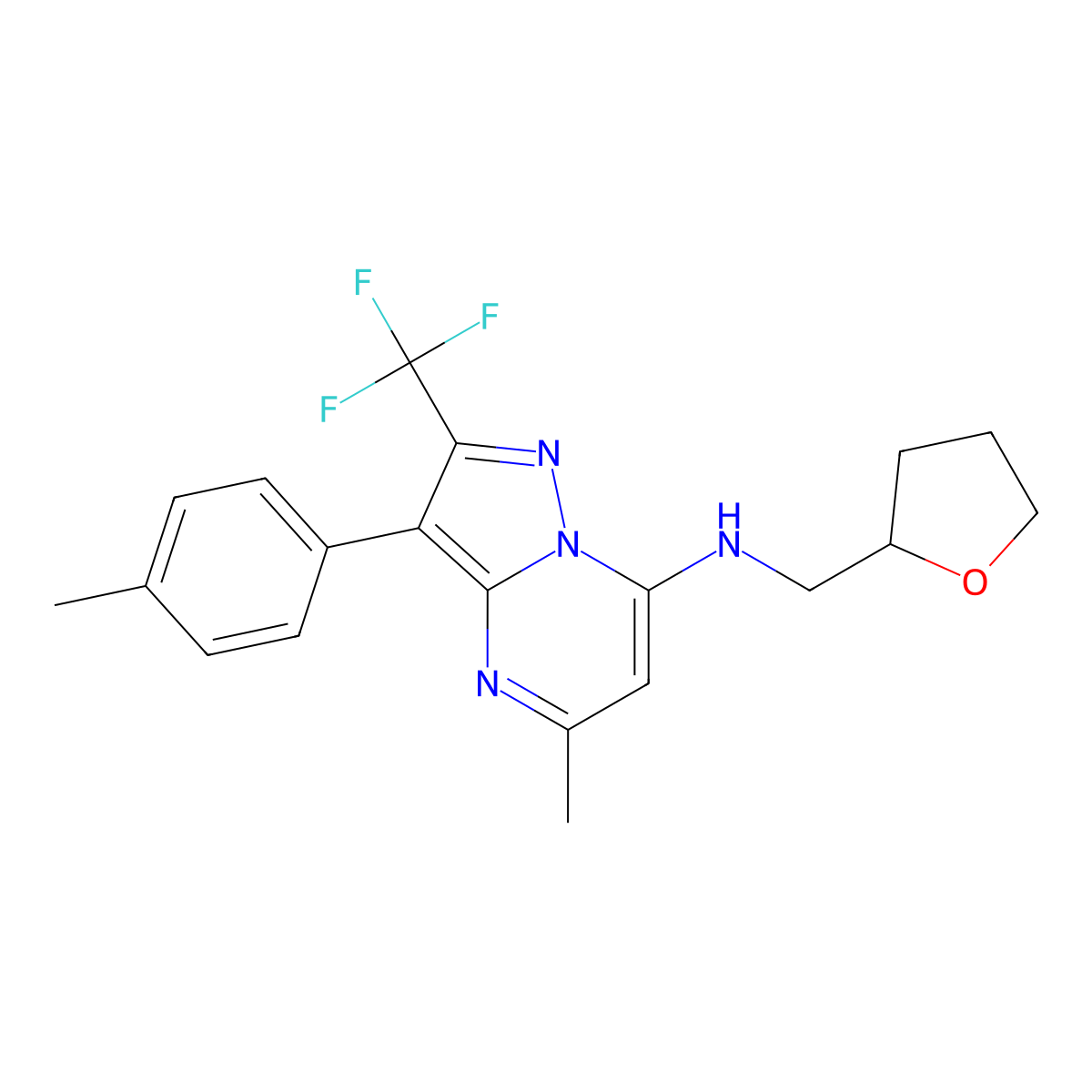 5-methyl-3-(4-methylphenyl)-N-(tetrahydrofuran-2-ylmethyl)-2-(trifluoromethyl)pyrazolo[1,5-a]pyrimidin-7-amine molecular structure, CAS 1031938-09-6