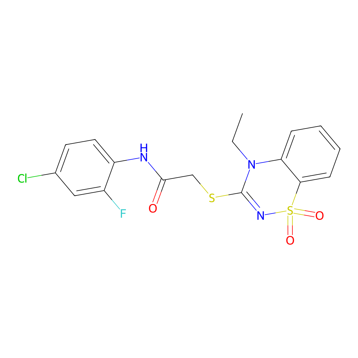 N-(4-chloro-2-fluorophenyl)-2-((4-ethyl-1,1-dioxido-4H-benzo[e][1,2,4]thiadiazin-3-yl)thio)acetamide molecular structure, CAS 1031956-21-4