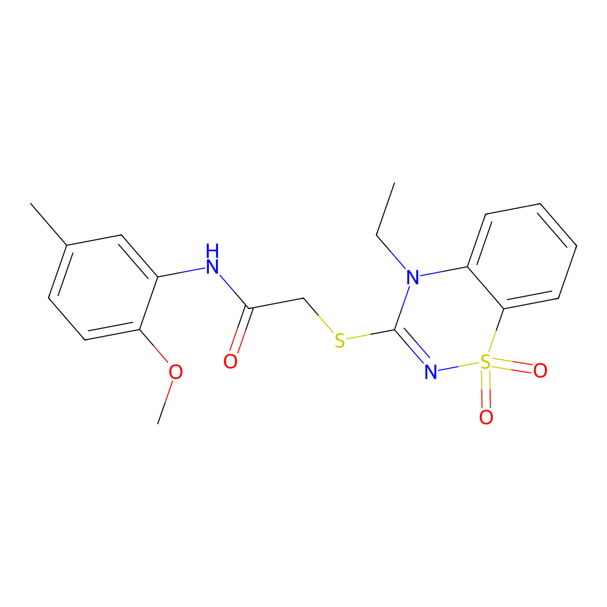 2-((4-ethyl-1,1-dioxido-4H-benzo[e][1,2,4]thiadiazin-3-yl)thio)-N-(2-methoxy-5-methylphenyl)acetamide molecular structure, CAS 1031956-25-8