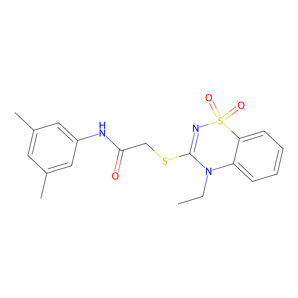 N-(3,5-dimethylphenyl)-2-((4-ethyl-1,1-dioxido-4H-benzo[e][1,2,4]thiadiazin-3-yl)thio)acetamide molecular structure, CAS 1031956-49-6