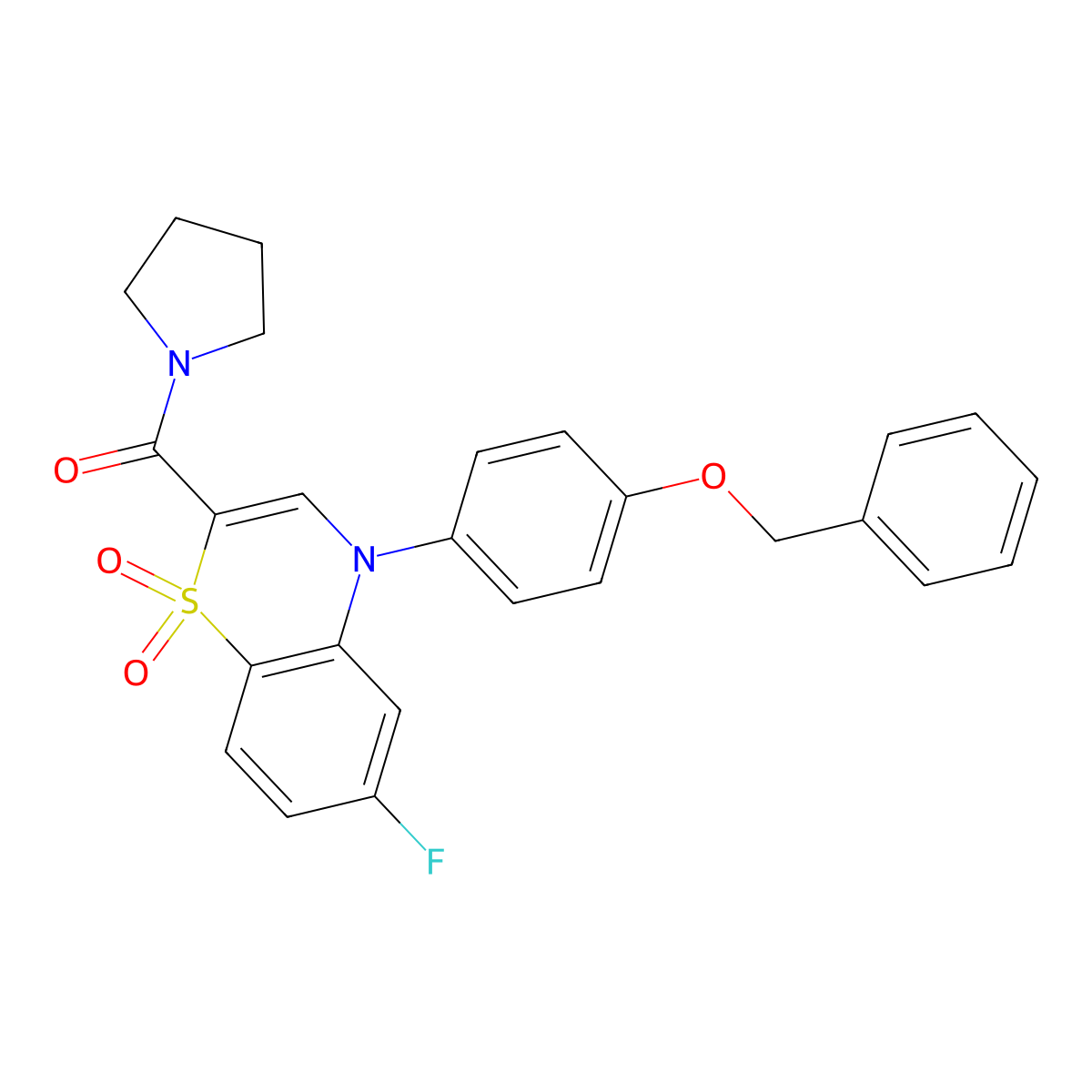 (4-(4-(benzyloxy)phenyl)-6-fluoro-1,1-dioxido-4H-benzo[b][1,4]thiazin-2-yl)(pyrrolidin-1-yl)methanone molecular structure, CAS 1031960-65-2