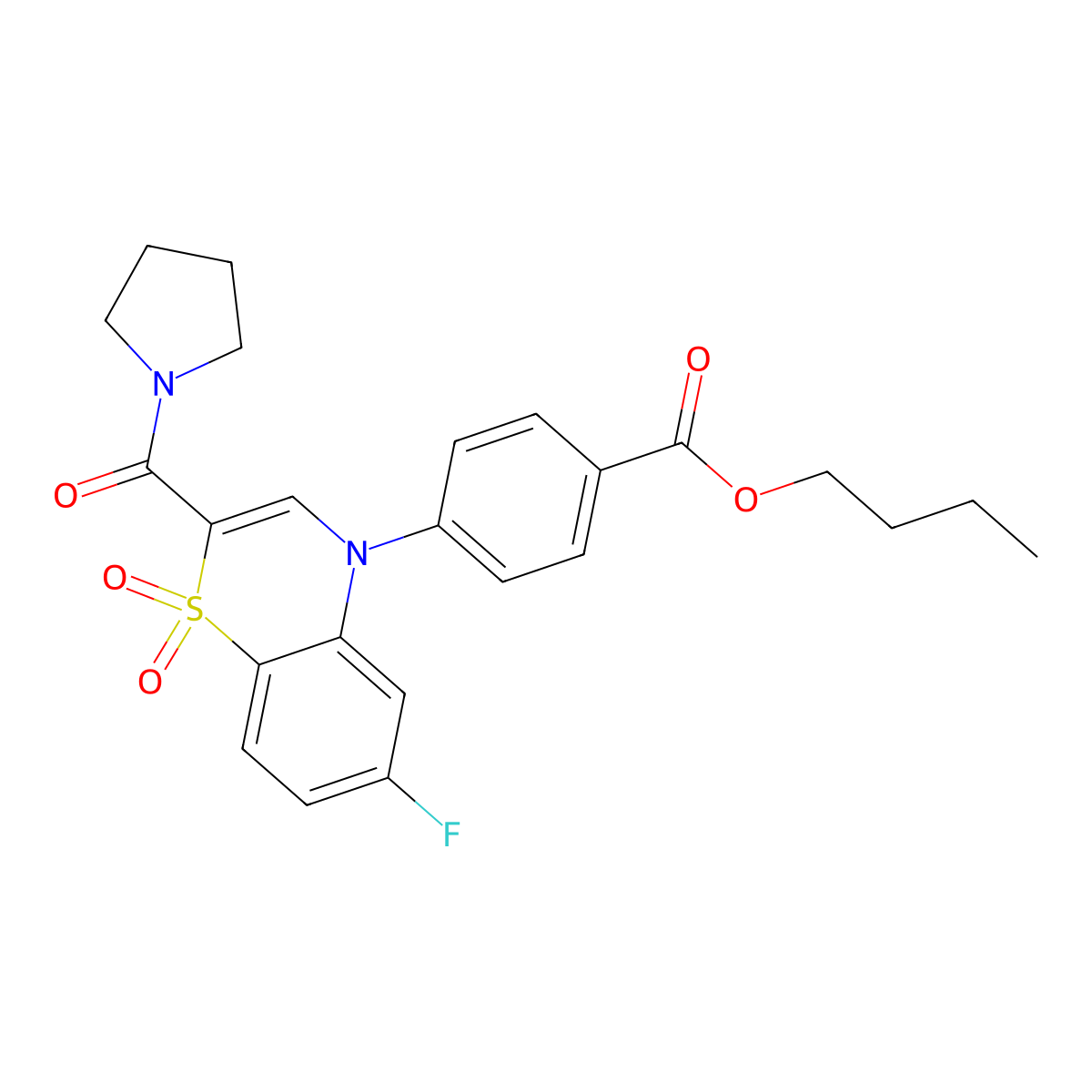 butyl 4-(6-fluoro-1,1-dioxido-2-(pyrrolidine-1-carbonyl)-4H-benzo[b][1,4]thiazin-4-yl)benzoate molecular structure, CAS 1031960-68-5