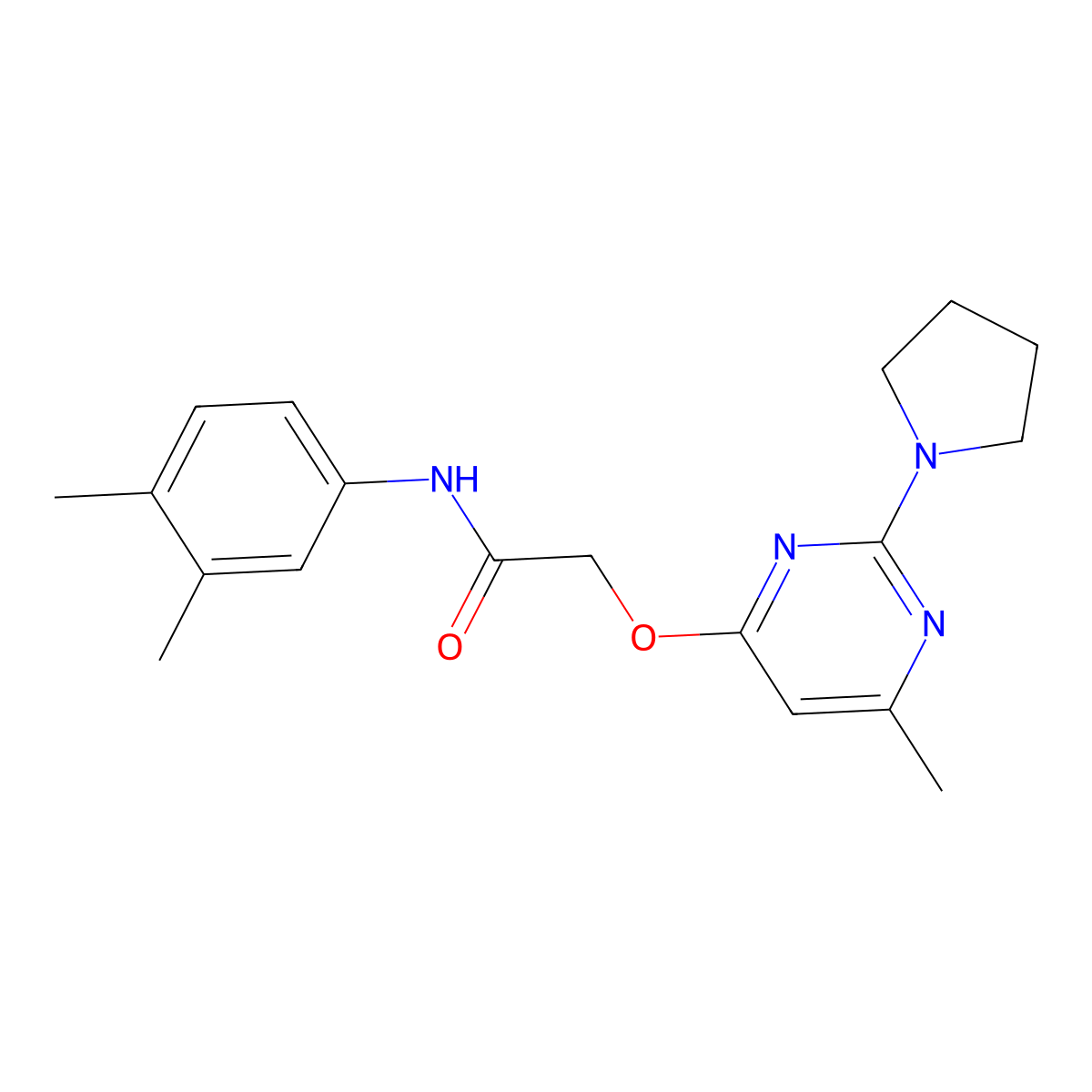 N-(3,4-dimethylphenyl)-2-{[6-methyl-2-(pyrrolidin-1-yl)pyrimidin-4-yl]oxy}acetamide molecular structure, CAS 1031961-70-2
