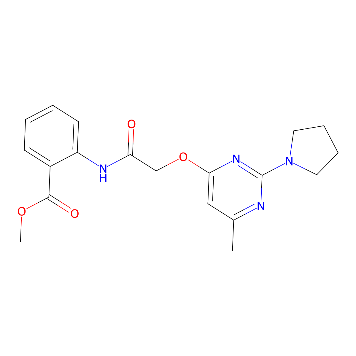 Methyl 2-(2-((6-methyl-2-(pyrrolidin-1-yl)pyrimidin-4-yl)oxy)acetamido)benzoate molecular structure, CAS 1031961-91-7