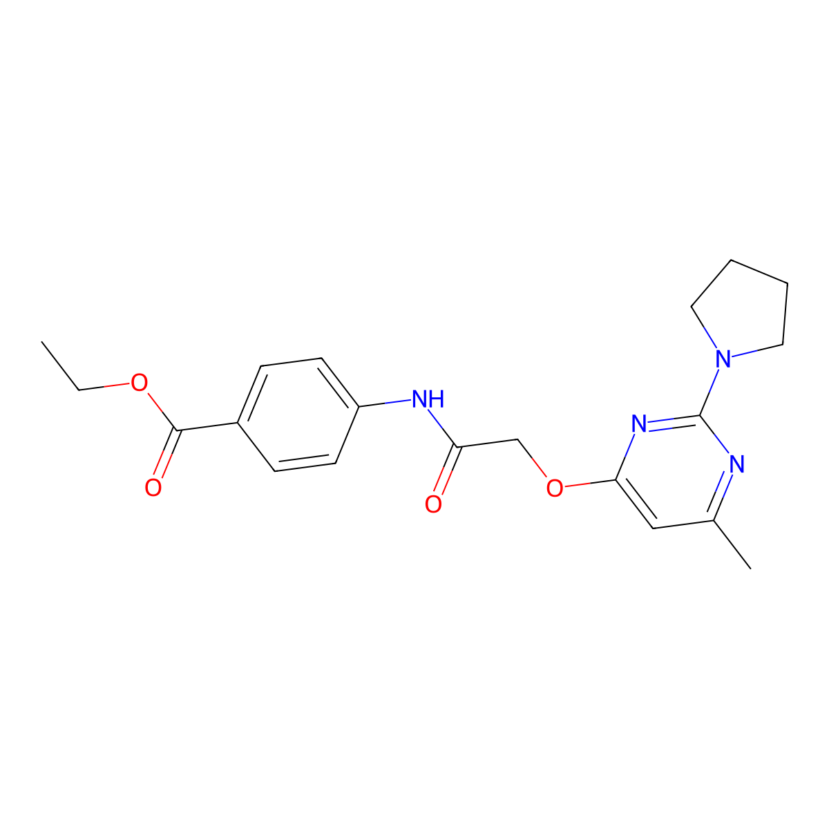 Ethyl 4-(2-{[6-methyl-2-(pyrrolidin-1-YL)pyrimidin-4-YL]oxy}acetamido)benzoate molecular structure, CAS 1031961-94-0