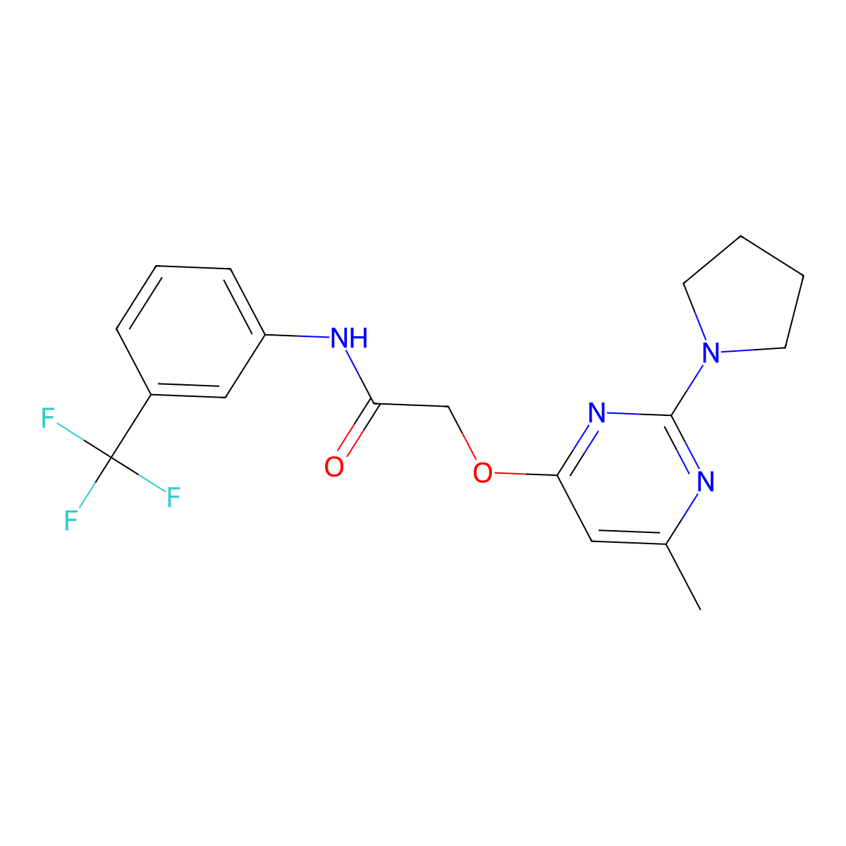 2-((6-methyl-2-(pyrrolidin-1-yl)pyrimidin-4-yl)oxy)-N-(3-(trifluoromethyl)phenyl)acetamide molecular structure, CAS 1031962-03-4