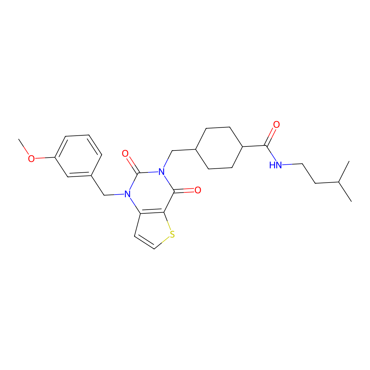 4-{[1-(3-methoxybenzyl)-2,4-dioxo-1,4-dihydrothieno[3,2-d]pyrimidin-3(2H)-yl]methyl}-N-(3-methylbutyl)cyclohexanecarboxamide molecular structure, CAS 1031962-87-4