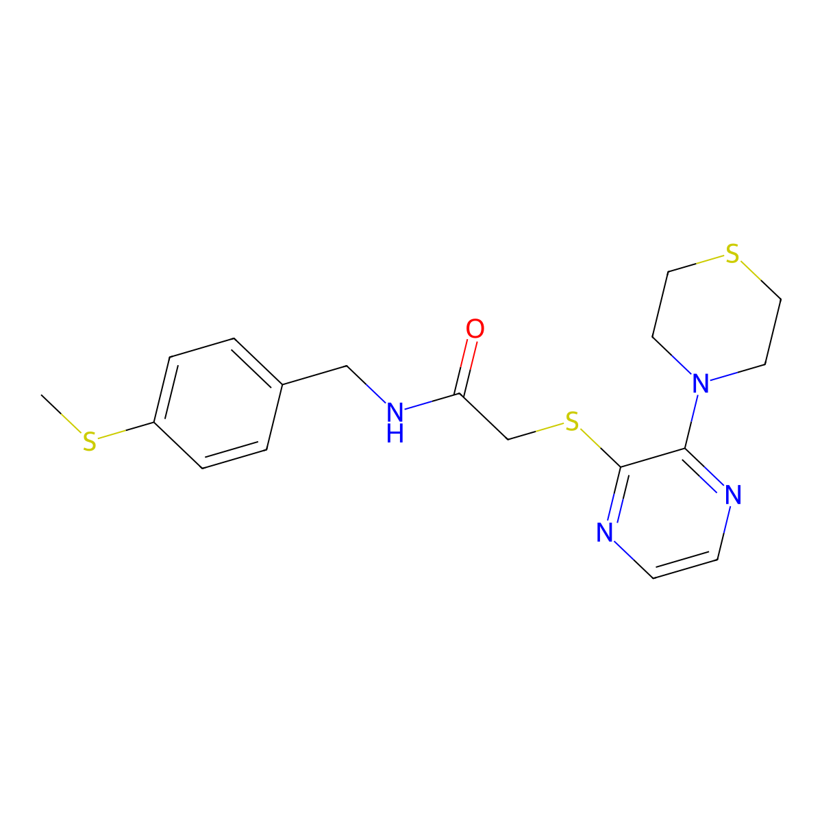 N-{[4-(methylsulfanyl)phenyl]methyl}-2-{[3-(thiomorpholin-4-yl)pyrazin-2-yl]sulfanyl}acetamide molecular structure, CAS 1031965-64-6