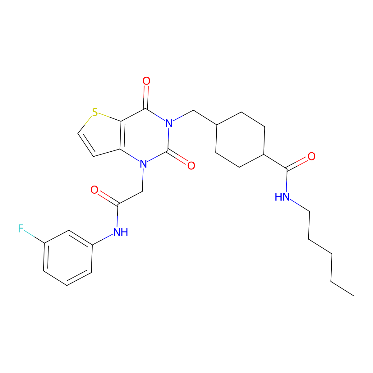 4-((1-(2-((3-fluorophenyl)amino)-2-oxoethyl)-2,4-dioxo-1,2-dihydrothieno[3,2-d]pyrimidin-3(4H)-yl)methyl)-N-pentylcyclohexanecarboxamide molecular structure, CAS 1031967-67-5