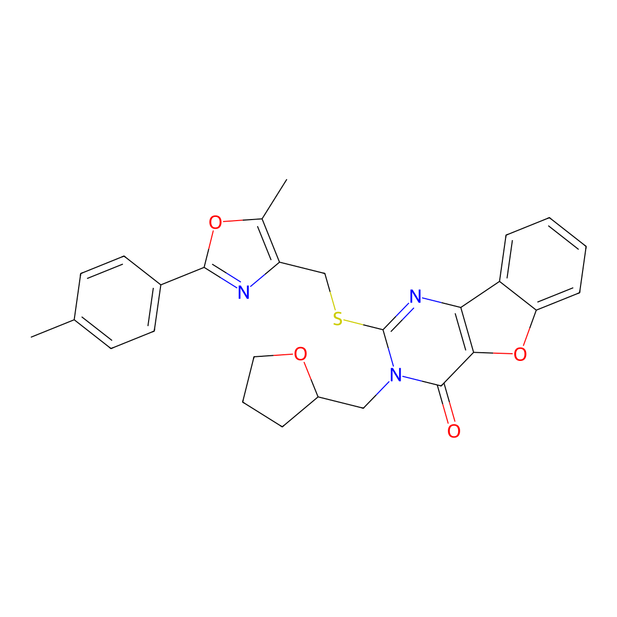 2-(((5-methyl-2-(p-tolyl)oxazol-4-yl)methyl)thio)-3-((tetrahydrofuran-2-yl)methyl)benzofuro[3,2-d]pyrimidin-4(3H)-one molecular structure, CAS 1031968-82-7