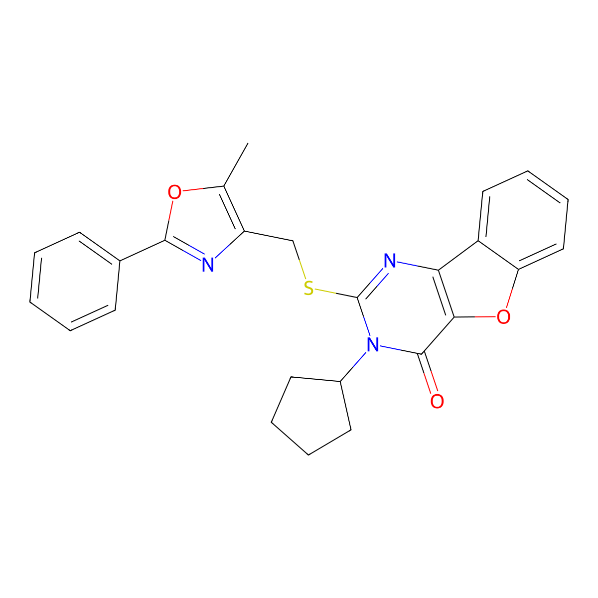 3-cyclopentyl-2-(((5-methyl-2-phenyloxazol-4-yl)methyl)thio)benzofuro[3,2-d]pyrimidin-4(3H)-one molecular structure, CAS 1031968-86-1