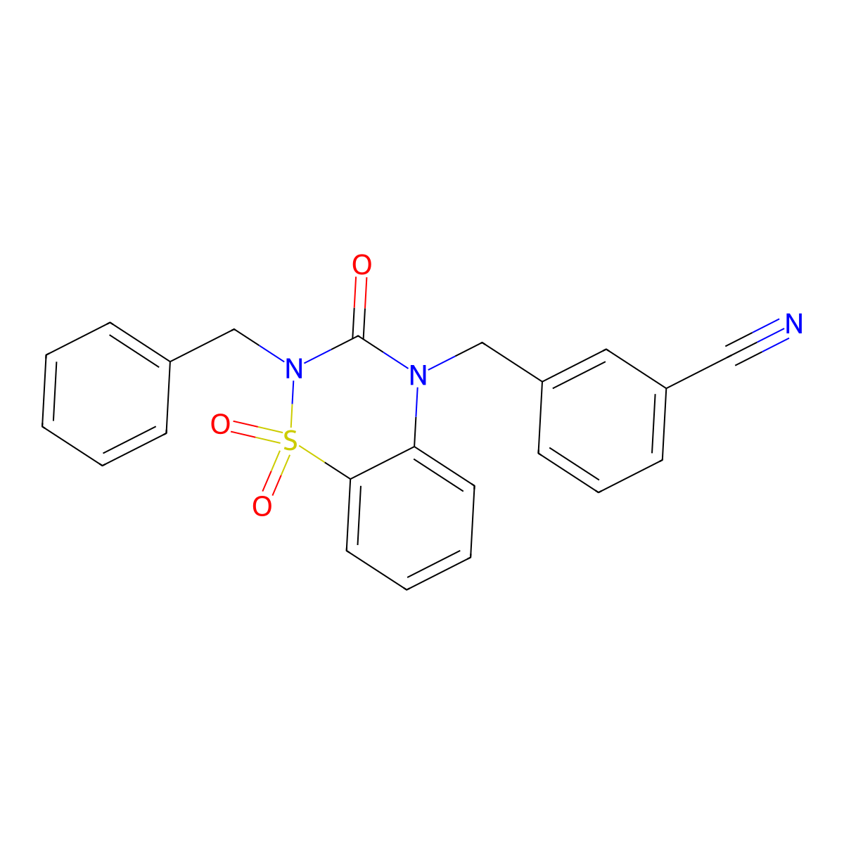 3-((2-benzyl-1,1-dioxido-3-oxo-2H-benzo[e][1,2,4]thiadiazin-4(3H)-yl)methyl)benzonitrile molecular structure, CAS 1031969-33-1