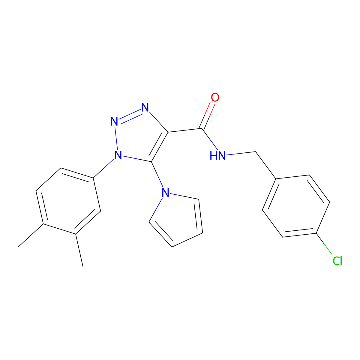 N-(4-chlorobenzyl)-1-(3,4-dimethylphenyl)-5-(1H-pyrrol-1-yl)-1H-1,2,3-triazole-4-carboxamide molecular structure, CAS 1031970-00-9
