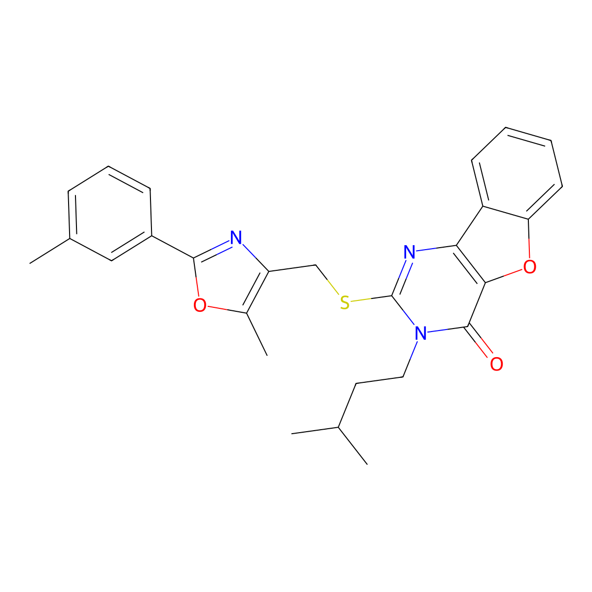 3-isopentyl-2-(((5-methyl-2-(m-tolyl)oxazol-4-yl)methyl)thio)benzofuro[3,2-d]pyrimidin-4(3H)-one molecular structure, CAS 1031970-03-2