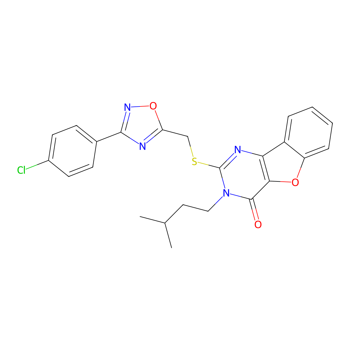 2-(((3-(4-chlorophenyl)-1,2,4-oxadiazol-5-yl)methyl)thio)-3-isopentylbenzofuro[3,2-d]pyrimidin-4(3H)-one molecular structure, CAS 1031970-06-5