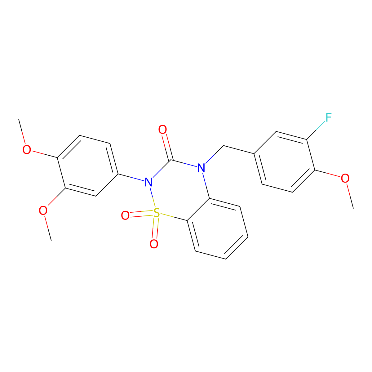 2-(3,4-dimethoxyphenyl)-4-(3-fluoro-4-methoxybenzyl)-2H-1,2,4-benzothiadiazin-3(4H)-one 1,1-dioxide molecular structure, CAS 1031970-18-9