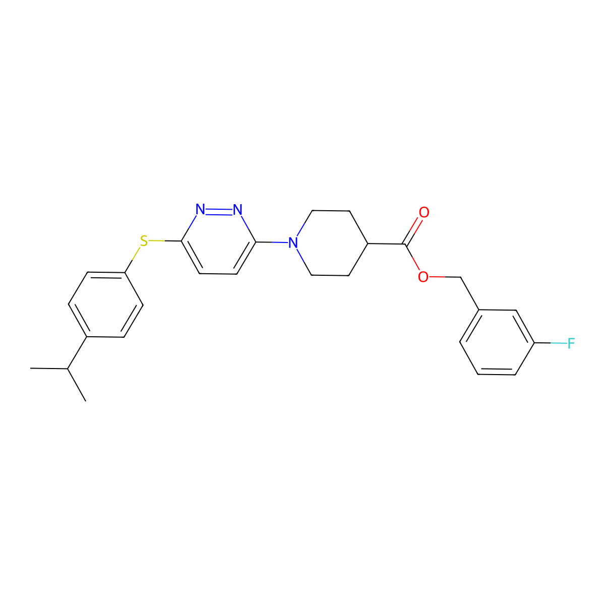 3-Fluorobenzyl 1-(6-((4-isopropylphenyl)thio)pyridazin-3-yl)piperidine-4-carboxylate molecular structure, CAS 1031970-48-5