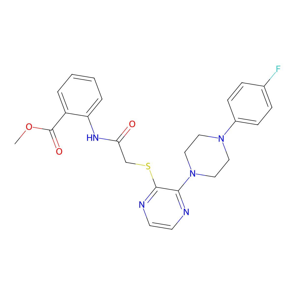 Methyl 2-(2-((3-(4-(4-fluorophenyl)piperazin-1-yl)pyrazin-2-yl)thio)acetamido)benzoate molecular structure, CAS 1031975-07-1