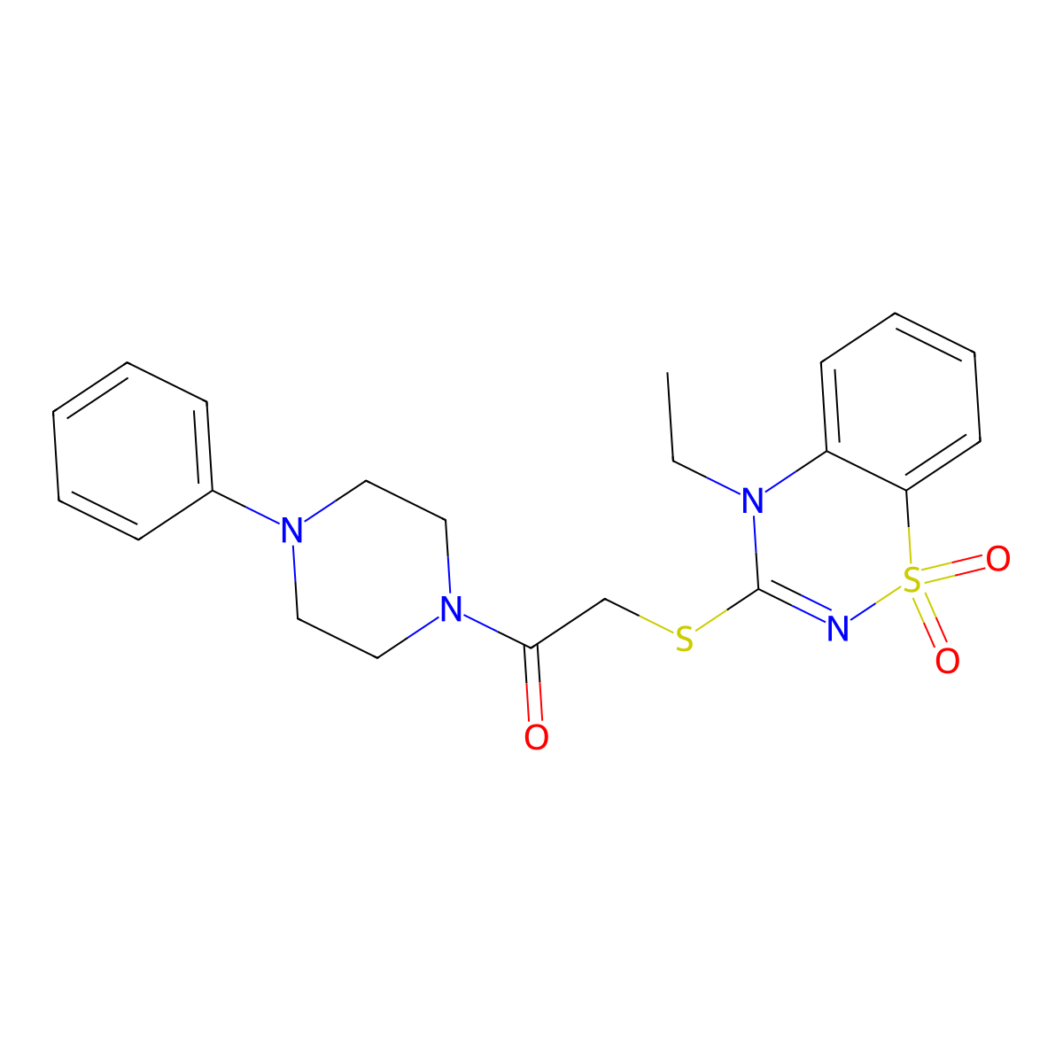 2-((4-ethyl-1,1-dioxido-4H-benzo[e][1,2,4]thiadiazin-3-yl)thio)-1-(4-phenylpiperazin-1-yl)ethanone molecular structure, CAS 1031976-82-5