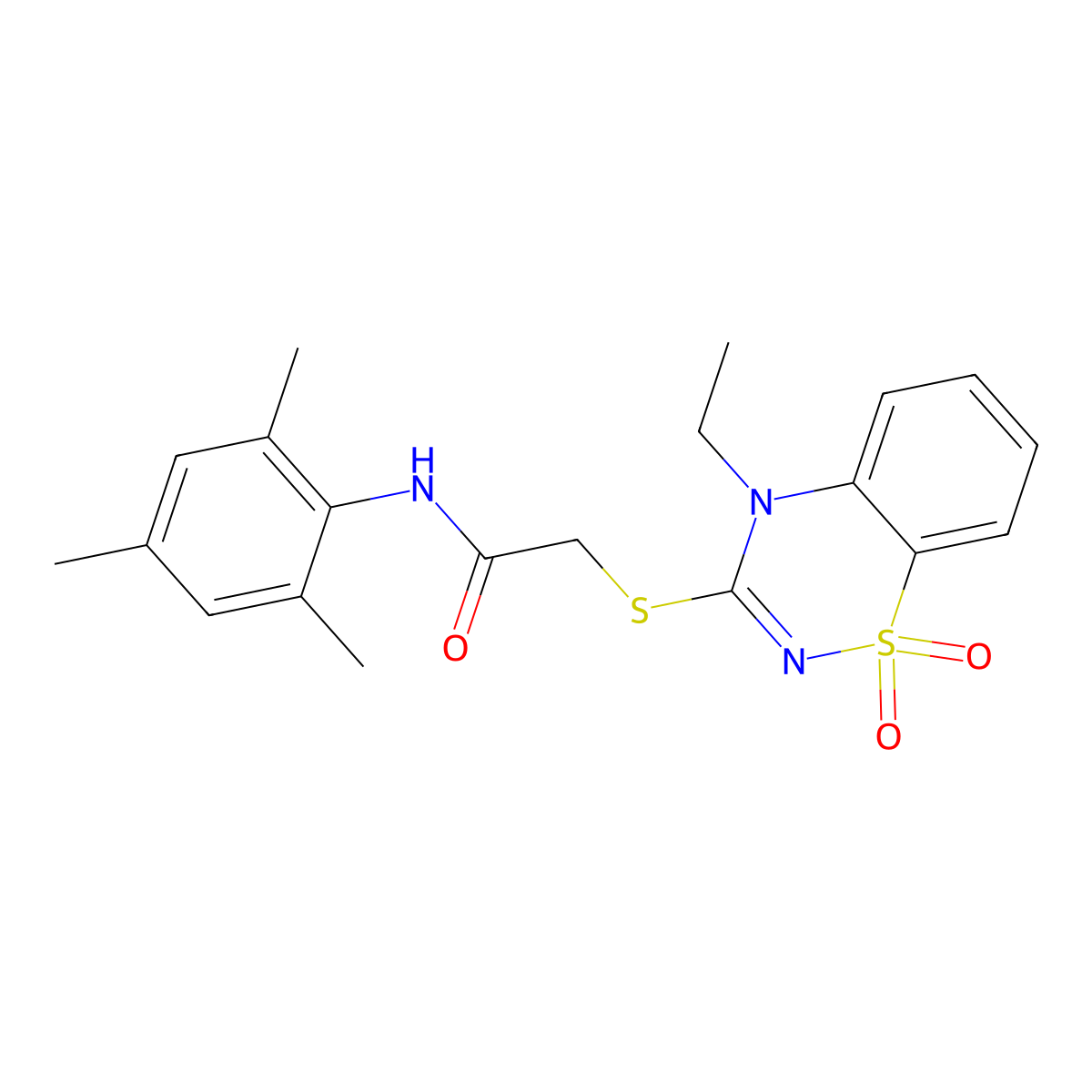 2-((4-ethyl-1,1-dioxido-4H-benzo[e][1,2,4]thiadiazin-3-yl)thio)-N-mesitylacetamide molecular structure, CAS 1031977-00-0