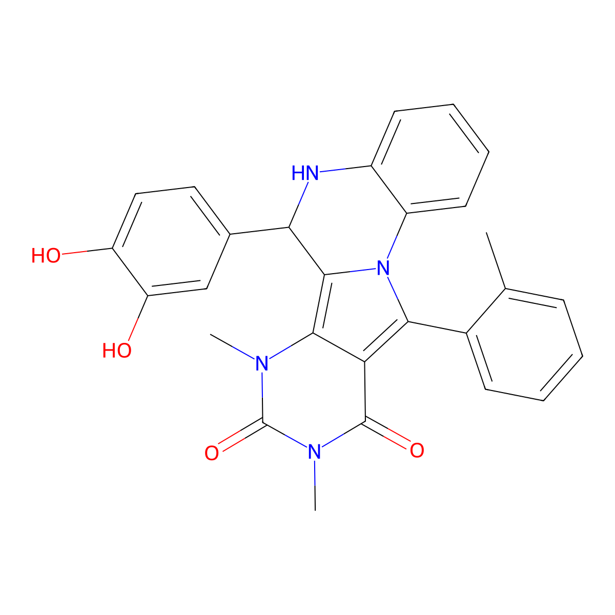 6-(3,4-dihydroxyphenyl)-7,9-dimethyl-11-(2-methylphenyl)-6,7-dihydropyrimido[4',5':3,4]pyrrolo[1,2-a]quinoxaline-8,10(5H,9H)-dione molecular structure, CAS 1031977-10-2