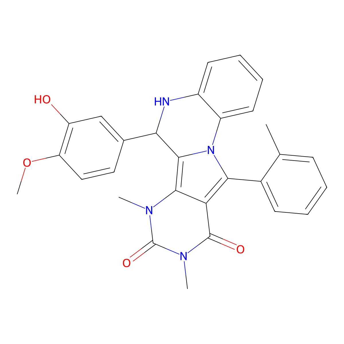 6-(3-hydroxy-4-methoxyphenyl)-7,9-dimethyl-11-(2-methylphenyl)-6,7-dihydropyrimido[4',5':3,4]pyrrolo[1,2-a]quinoxaline-8,10(5H,9H)-dione molecular structure, CAS 1031977-13-5