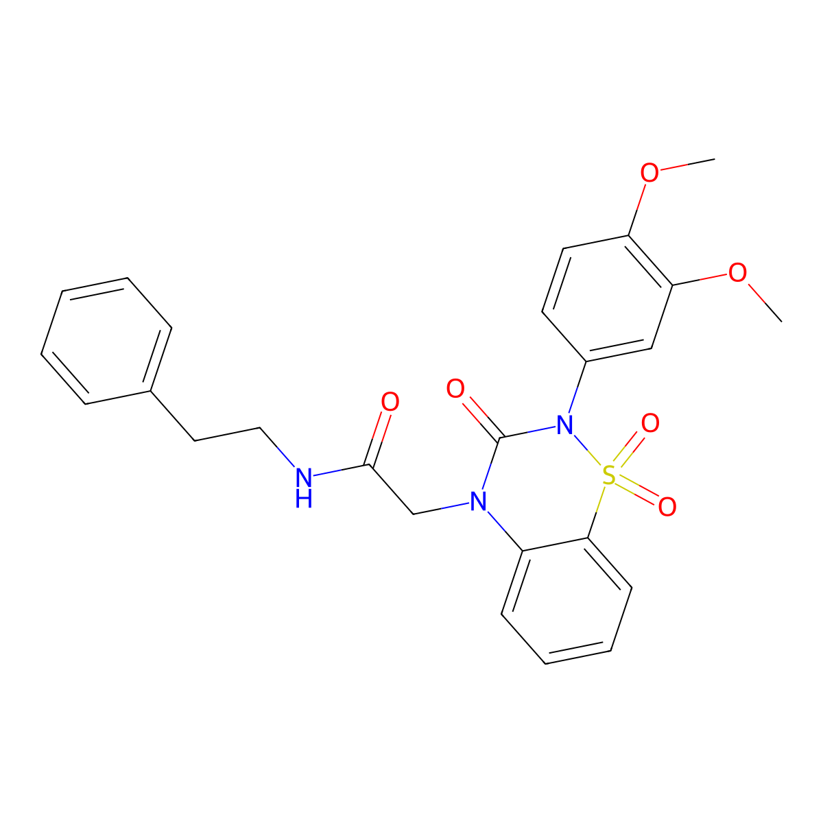 2-(2-(3,4-dimethoxyphenyl)-1,1-dioxido-3-oxo-2H-benzo[e][1,2,4]thiadiazin-4(3H)-yl)-N-phenethylacetamide molecular structure, CAS 1031977-42-0