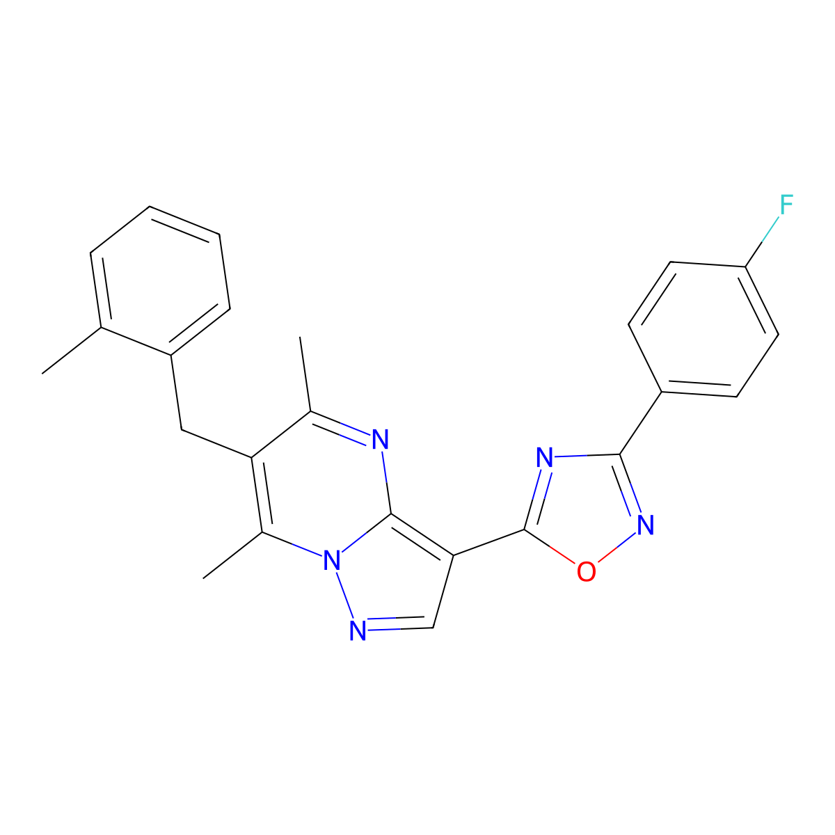 5-{5,7-Dimethyl-6-[(2-methylphenyl)methyl]pyrazolo[1,5-a]pyrimidin-3-yl}-3-(4-fluorophenyl)-1,2,4-oxadiazole molecular structure, CAS 1031977-57-7