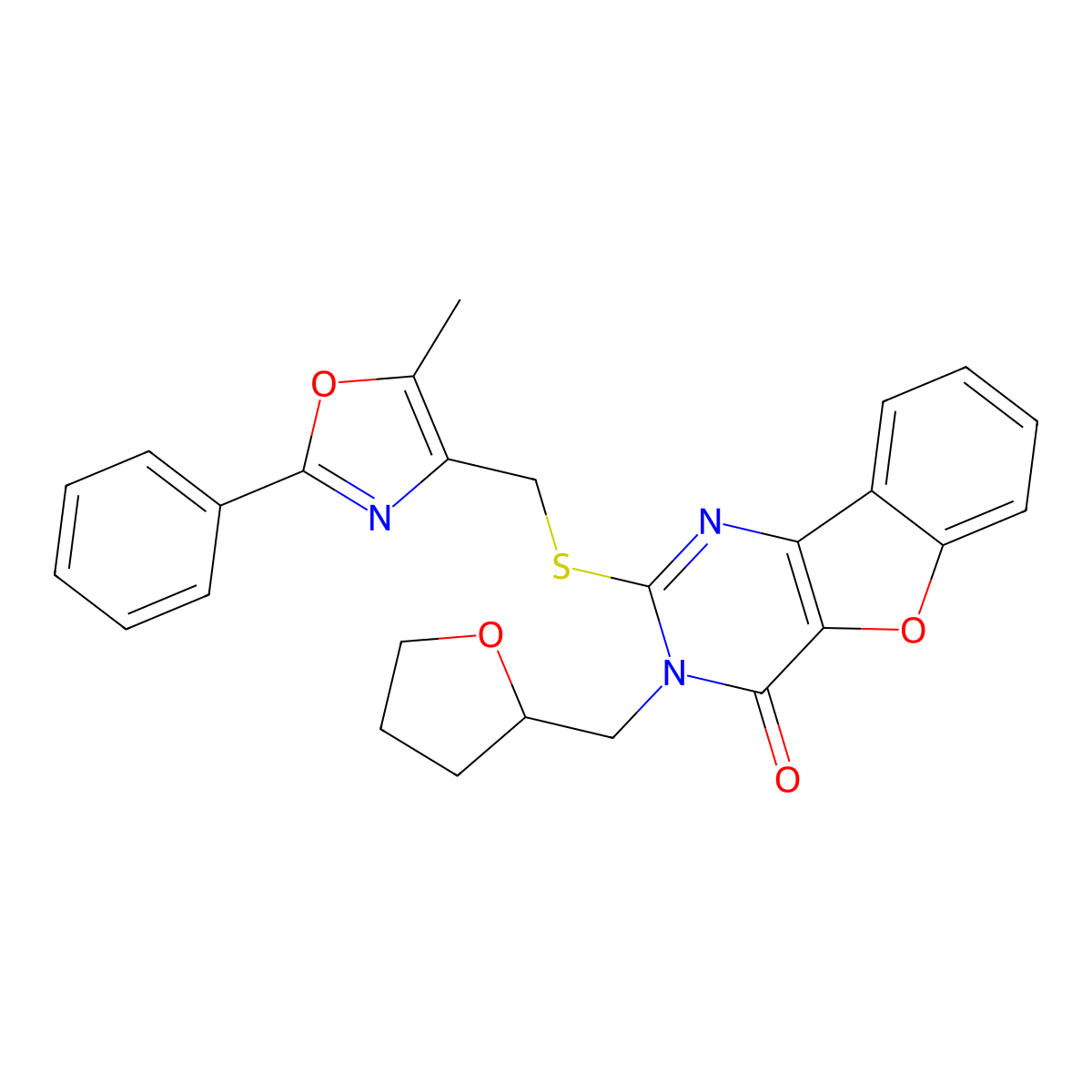 2-(((5-methyl-2-phenyloxazol-4-yl)methyl)thio)-3-((tetrahydrofuran-2-yl)methyl)benzofuro[3,2-d]pyrimidin-4(3H)-one molecular structure, CAS 1031988-81-4