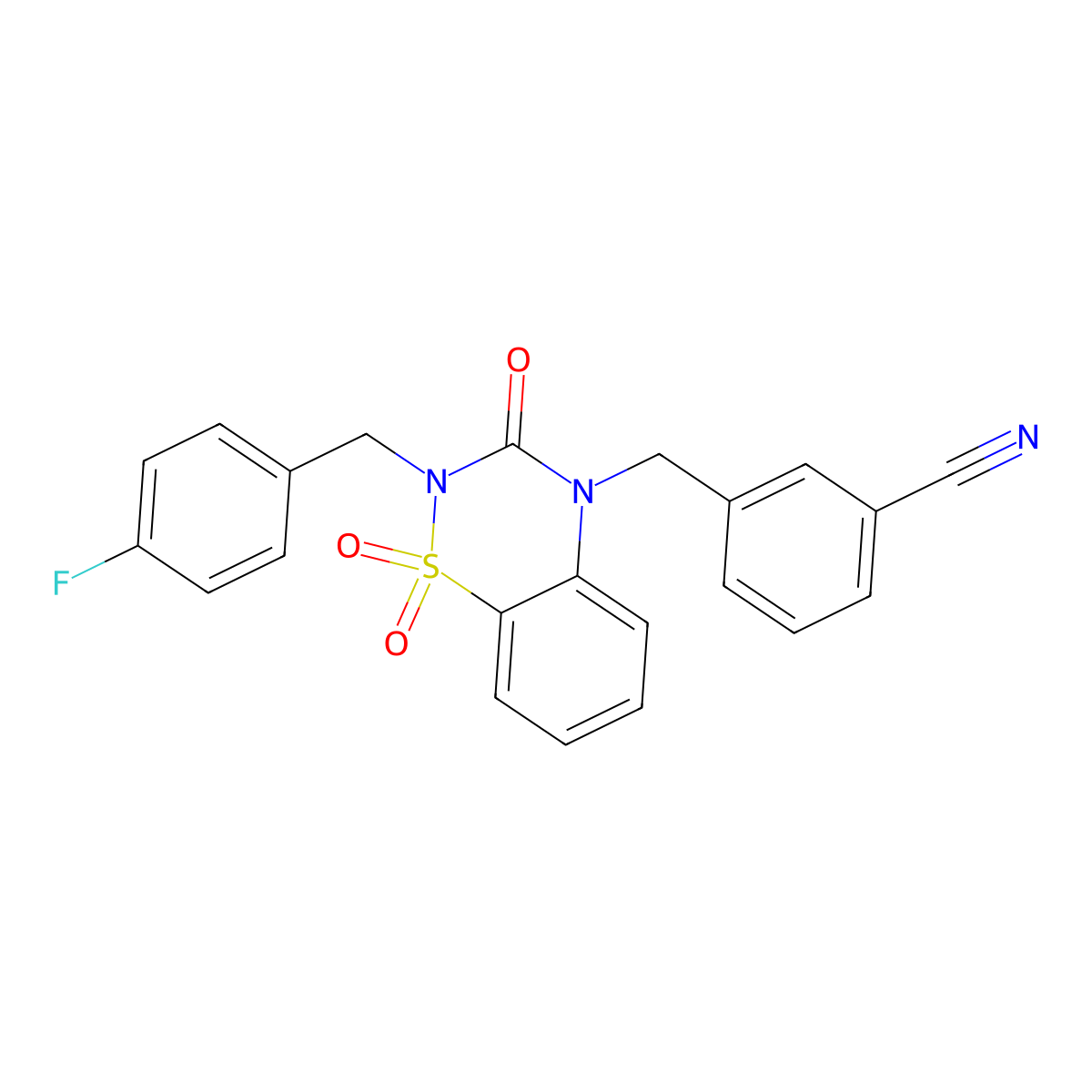 3-((2-(4-fluorobenzyl)-1,1-dioxido-3-oxo-2H-benzo[e][1,2,4]thiadiazin-4(3H)-yl)methyl)benzonitrile molecular structure, CAS 1031989-29-3