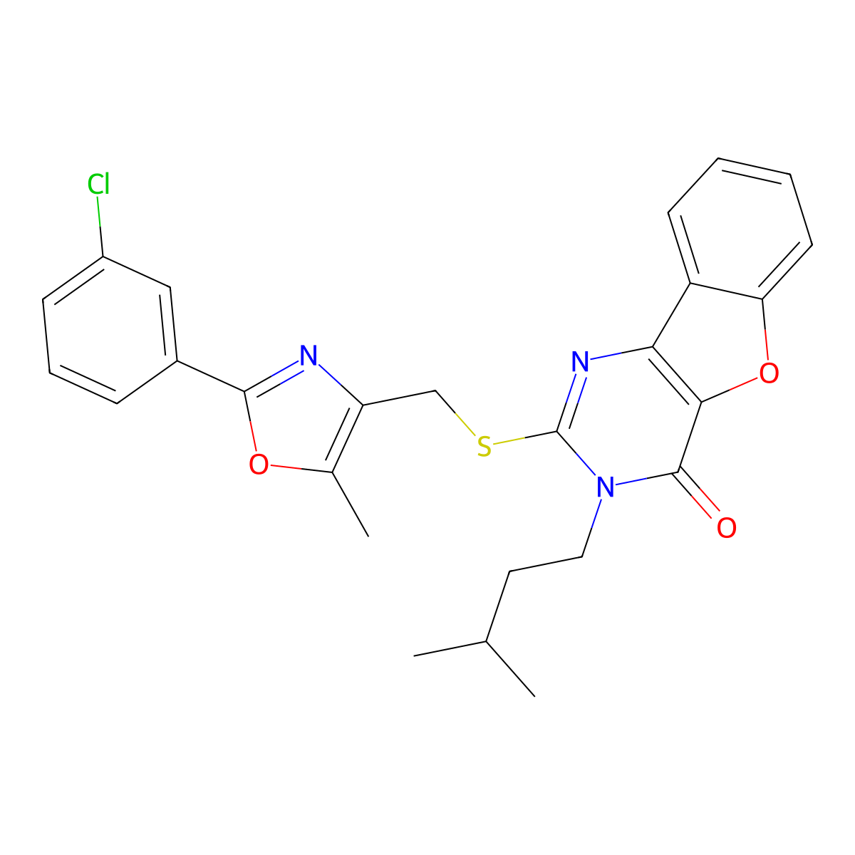 2-(((2-(3-chlorophenyl)-5-methyloxazol-4-yl)methyl)thio)-3-isopentylbenzofuro[3,2-d]pyrimidin-4(3H)-one molecular structure, CAS 1031989-70-4
