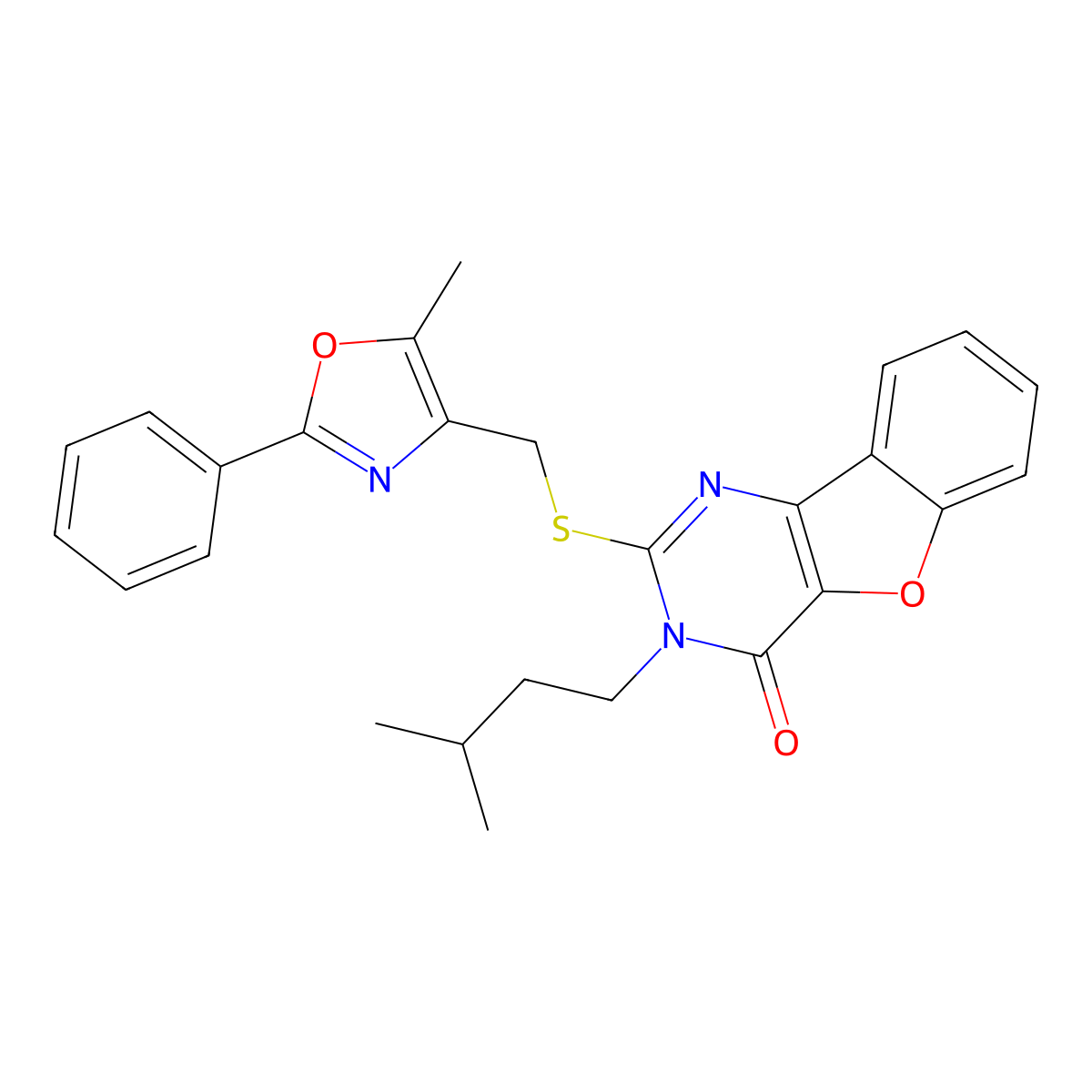 3-isopentyl-2-(((5-methyl-2-phenyloxazol-4-yl)methyl)thio)benzofuro[3,2-d]pyrimidin-4(3H)-one molecular structure, CAS 1031989-73-7