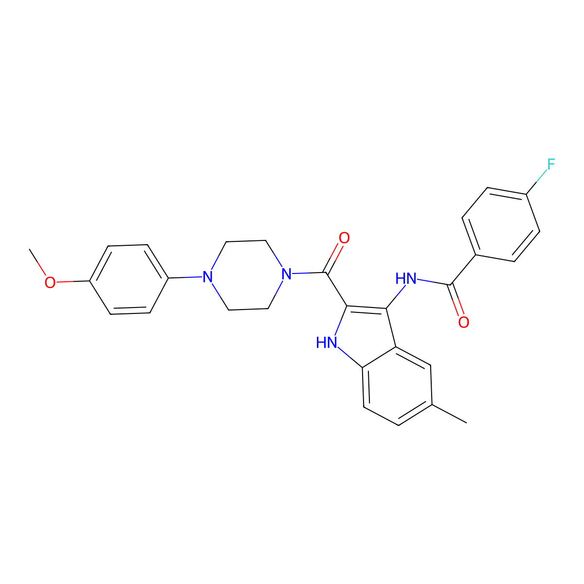4-fluoro-N-(2-(4-(4-methoxyphenyl)piperazine-1-carbonyl)-5-methyl-1H-indol-3-yl)benzamide molecular structure, CAS 1031994-18-9