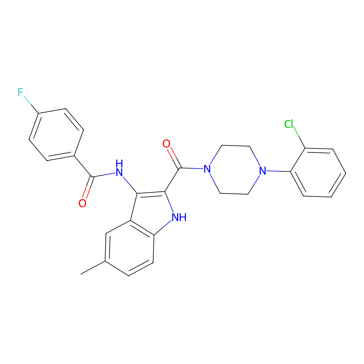 N-{2-[4-(2-chlorophenyl)piperazine-1-carbonyl]-5-methyl-1H-indol-3-yl}-4-fluorobenzamide molecular structure, CAS 1031994-21-4