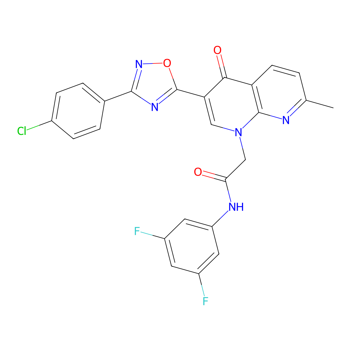 2-{3-[3-(4-chlorophenyl)-1,2,4-oxadiazol-5-yl]-7-methyl-4-oxo-1,4-dihydro-1,8-naphthyridin-1-yl}-N-(3,5-difluorophenyl)acetamide molecular structure, CAS 1032001-16-3