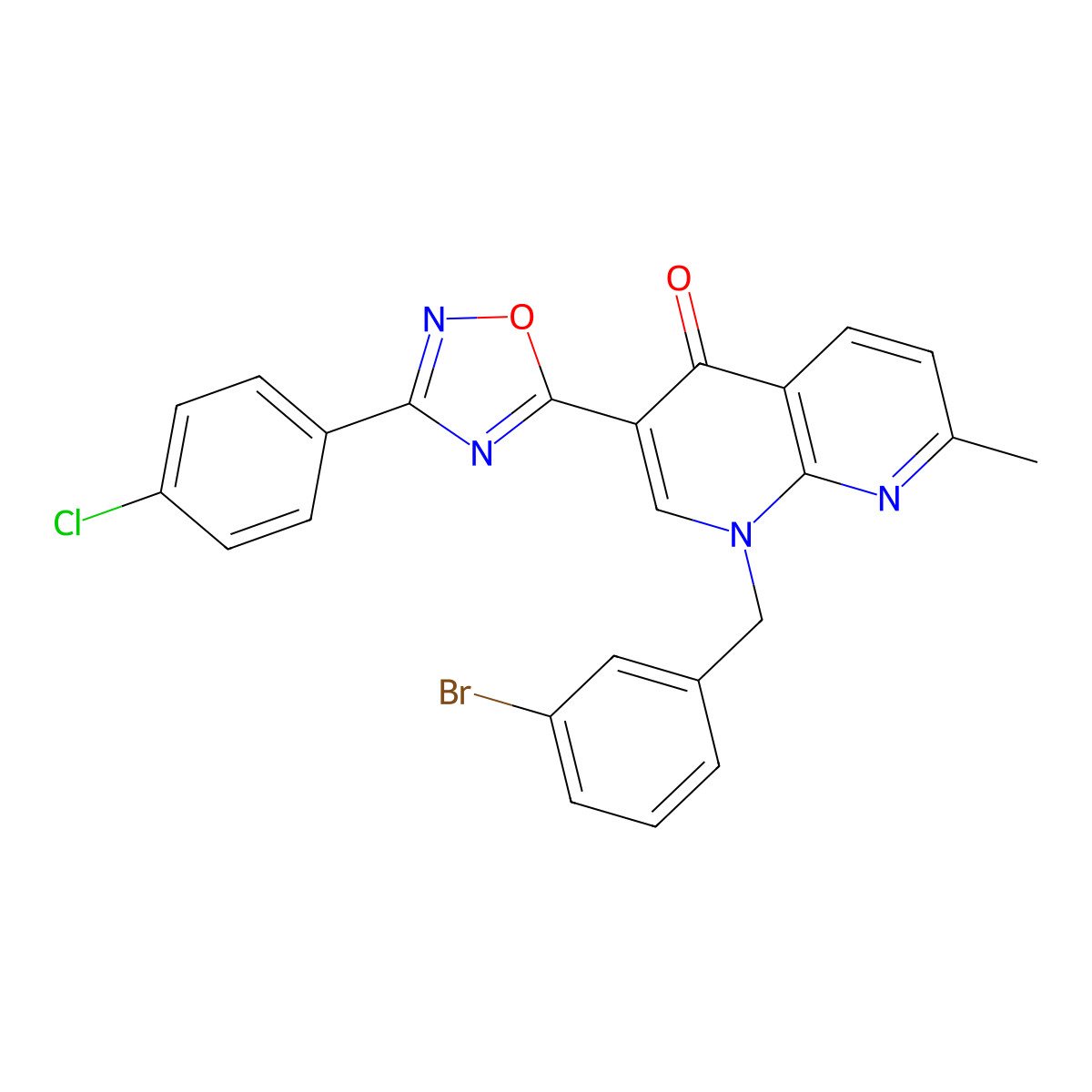 1-(3-bromobenzyl)-3-(3-(4-chlorophenyl)-1,2,4-oxadiazol-5-yl)-7-methyl-1,8-naphthyridin-4(1H)-one molecular structure, CAS 1032001-40-3