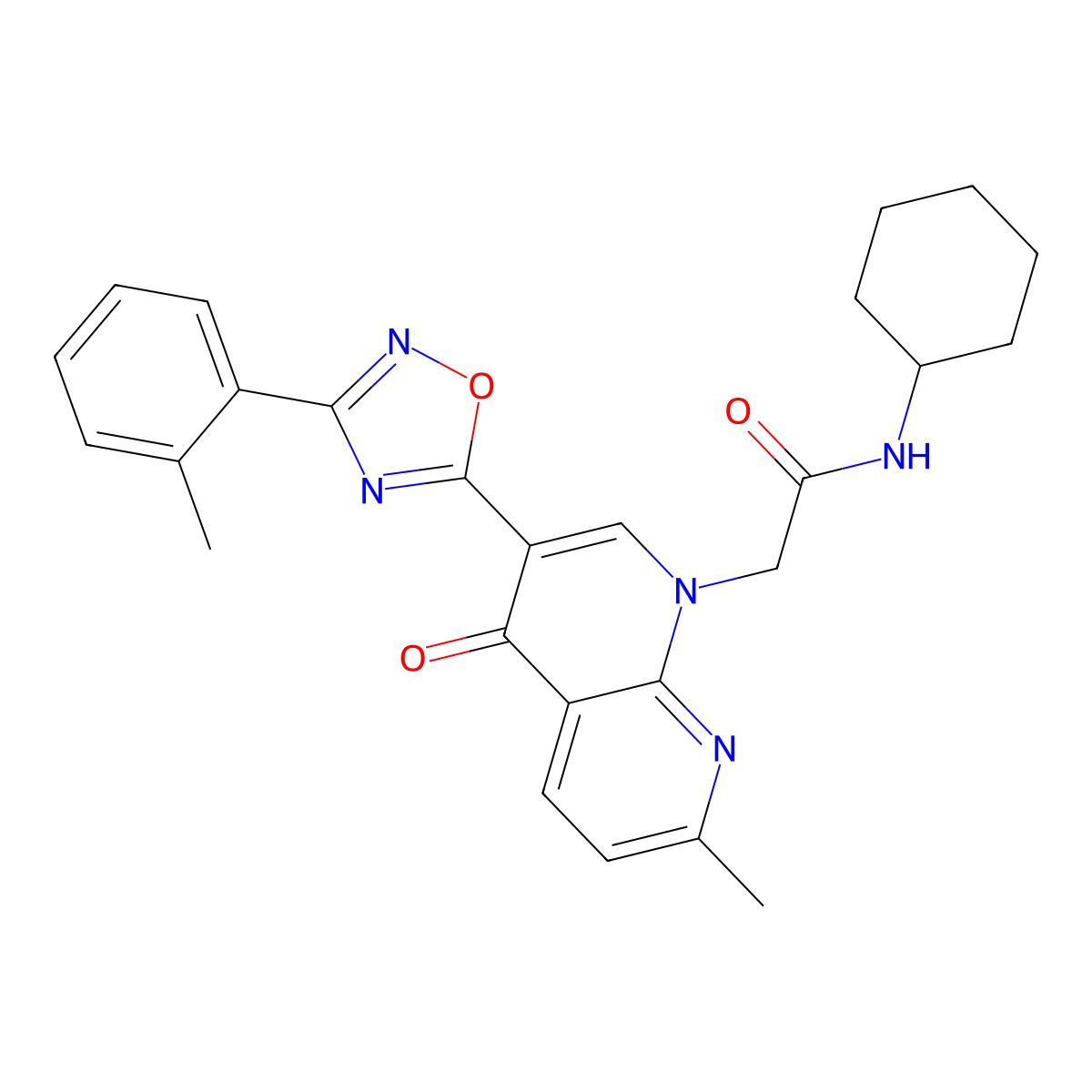 N-cyclohexyl-2-(7-methyl-4-oxo-3-(3-(o-tolyl)-1,2,4-oxadiazol-5-yl)-1,8-naphthyridin-1(4H)-yl)acetamide molecular structure, CAS 1032001-52-7
