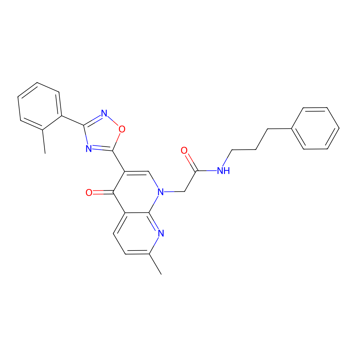 2-{7-methyl-3-[3-(2-methylphenyl)-1,2,4-oxadiazol-5-yl]-4-oxo-1,4-dihydro-1,8-naphthyridin-1-yl}-N-(3-phenylpropyl)acetamide molecular structure, CAS 1032001-56-1