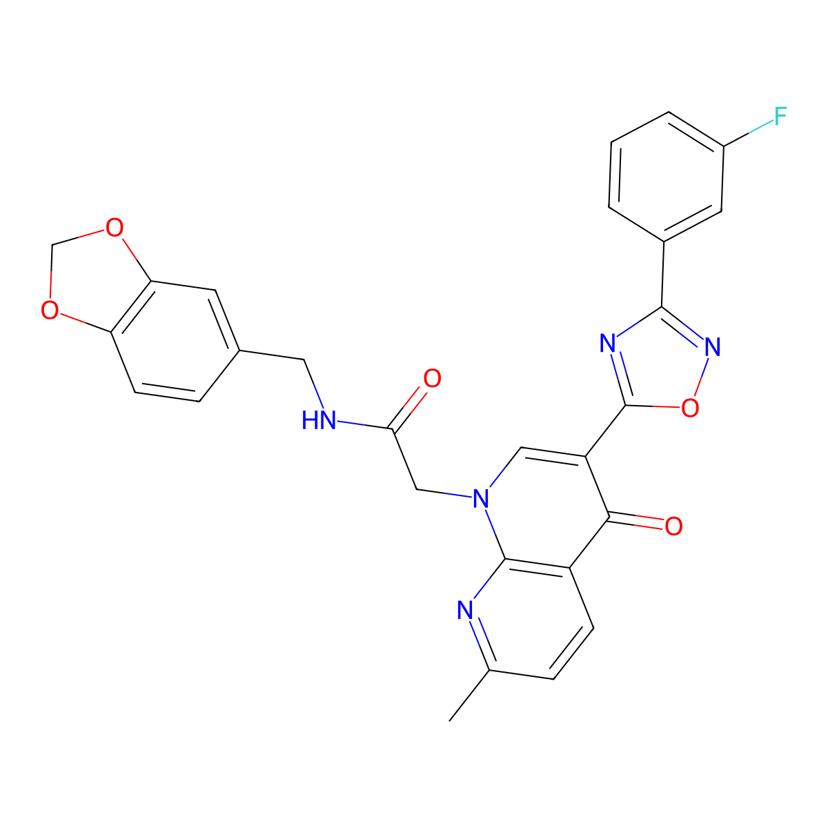 N-[(2H-1,3-benzodioxol-5-yl)methyl]-2-{3-[3-(3-fluorophenyl)-1,2,4-oxadiazol-5-yl]-7-methyl-4-oxo-1,4-dihydro-1,8-naphthyridin-1-yl}acetamide molecular structure, CAS 1032001-81-2
