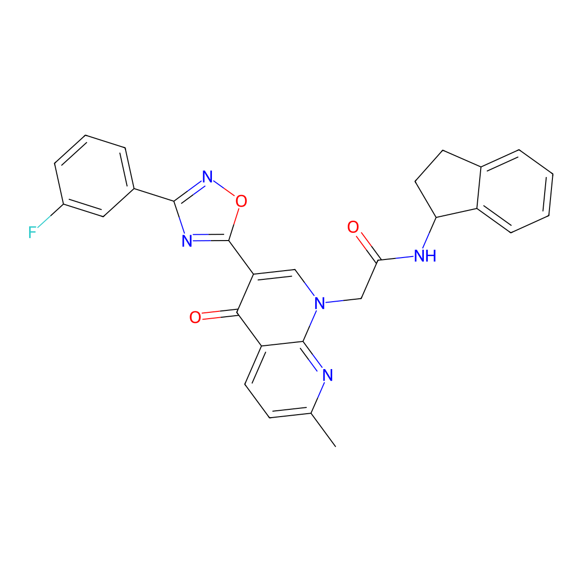 N-(2,3-dihydro-1H-inden-1-yl)-2-(3-(3-(3-fluorophenyl)-1,2,4-oxadiazol-5-yl)-7-methyl-4-oxo-1,8-naphthyridin-1(4H)-yl)acetamide molecular structure, CAS 1032001-84-5