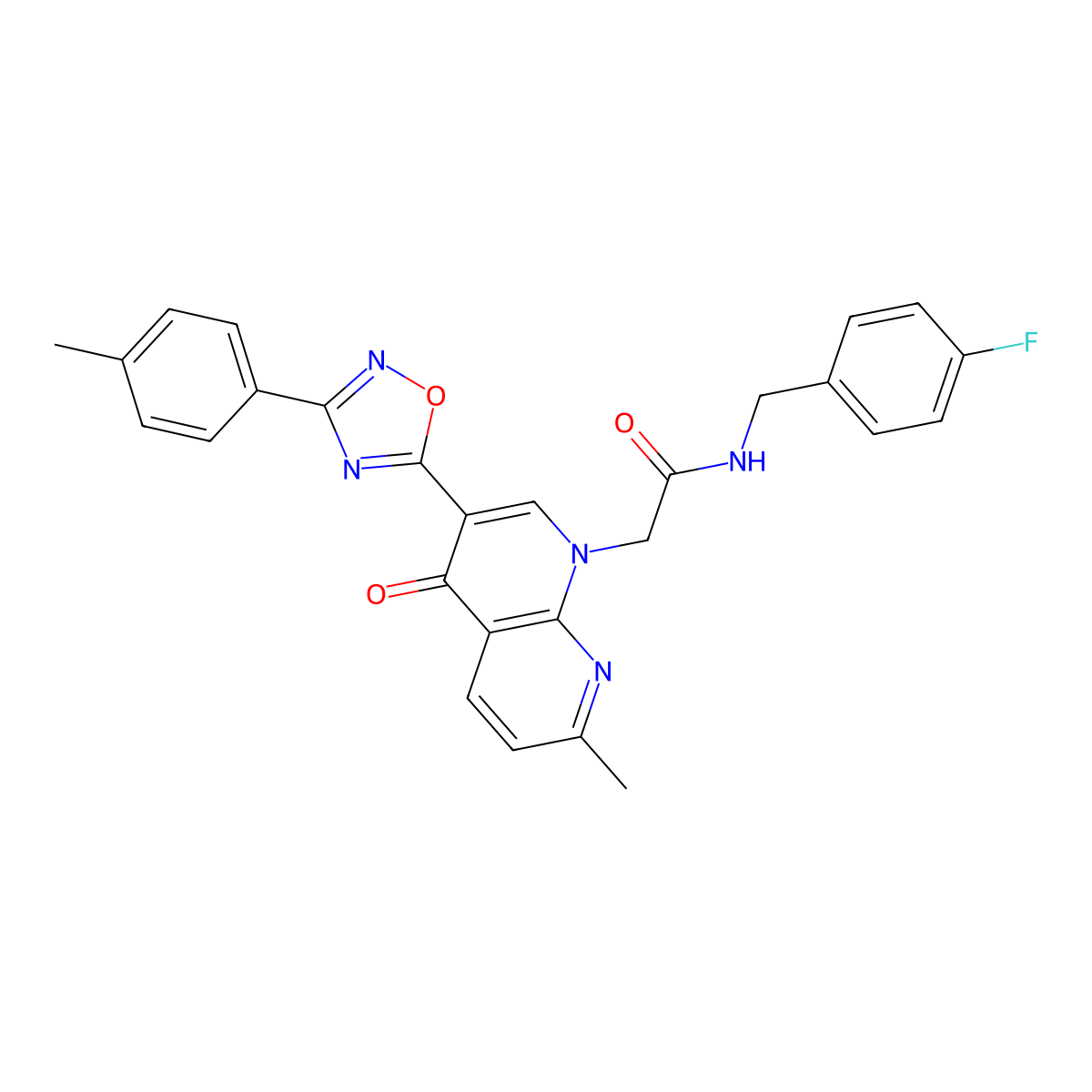 N-(4-fluorobenzyl)-2-(7-methyl-4-oxo-3-(3-(p-tolyl)-1,2,4-oxadiazol-5-yl)-1,8-naphthyridin-1(4H)-yl)acetamide molecular structure, CAS 1032002-34-8
