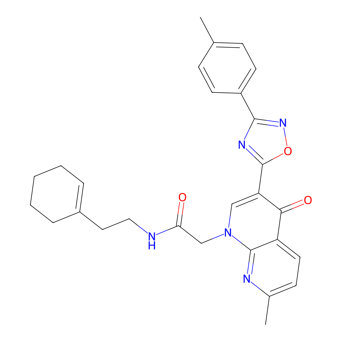 N-[2-(cyclohex-1-en-1-yl)ethyl]-2-{7-methyl-3-[3-(4-methylphenyl)-1,2,4-oxadiazol-5-yl]-4-oxo-1,4-dihydro-1,8-naphthyridin-1-yl}acetamide molecular structure, CAS 1032002-37-1