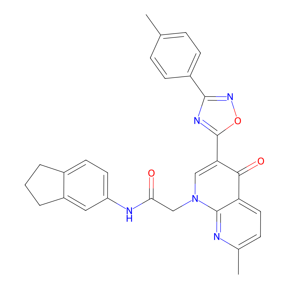 N-(2,3-dihydro-1H-inden-5-yl)-2-(7-methyl-4-oxo-3-(3-(p-tolyl)-1,2,4-oxadiazol-5-yl)-1,8-naphthyridin-1(4H)-yl)acetamide molecular structure, CAS 1032002-40-6