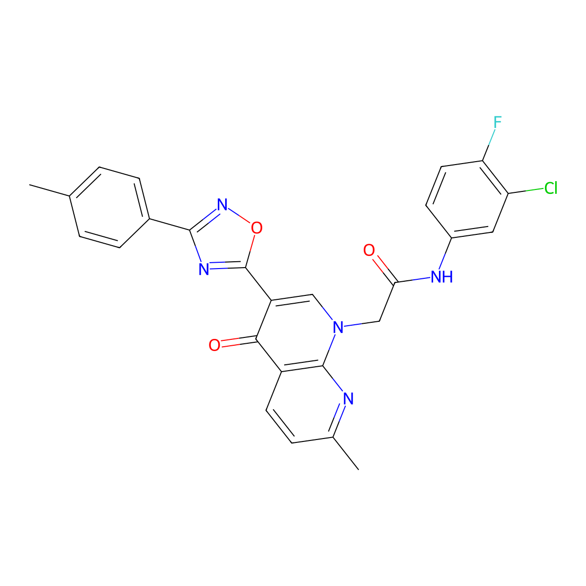 N-(3-chloro-4-fluorophenyl)-2-(7-methyl-4-oxo-3-(3-(p-tolyl)-1,2,4-oxadiazol-5-yl)-1,8-naphthyridin-1(4H)-yl)acetamide molecular structure, CAS 1032002-52-0