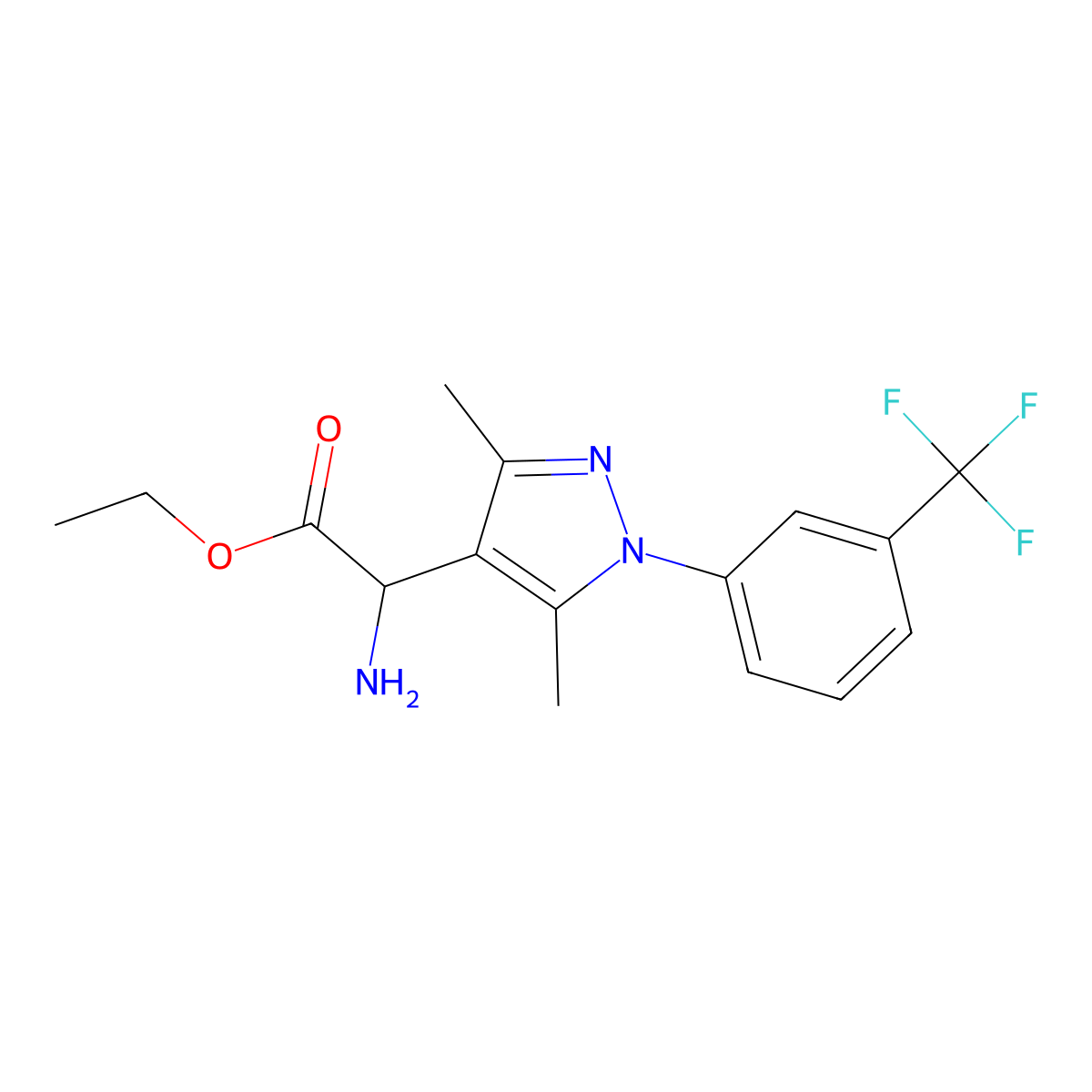 Ethyl 2-amino-2-{3,5-dimethyl-1-[3-(trifluoromethyl)phenyl]-1H-pyrazol-4-yl}acetate molecular structure, CAS 1032042-59-3
