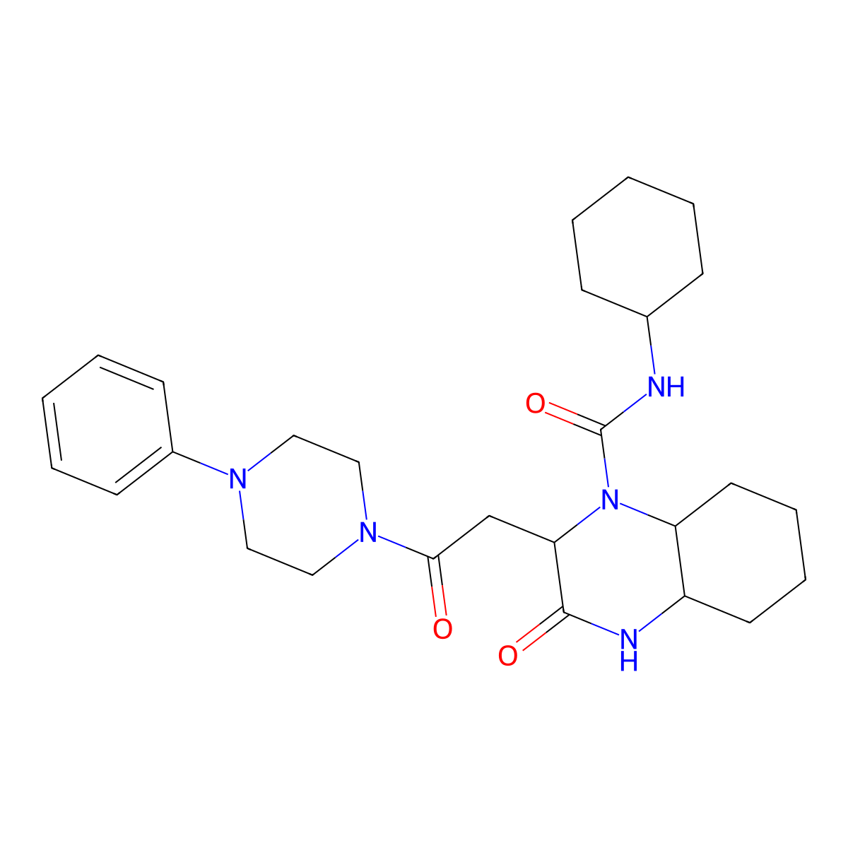 N-cyclohexyl-3-oxo-2-[2-oxo-2-(4-phenylpiperazin-1-yl)ethyl]octahydroquinoxaline-1(2H)-carboxamide molecular structure, CAS 1032165-47-1