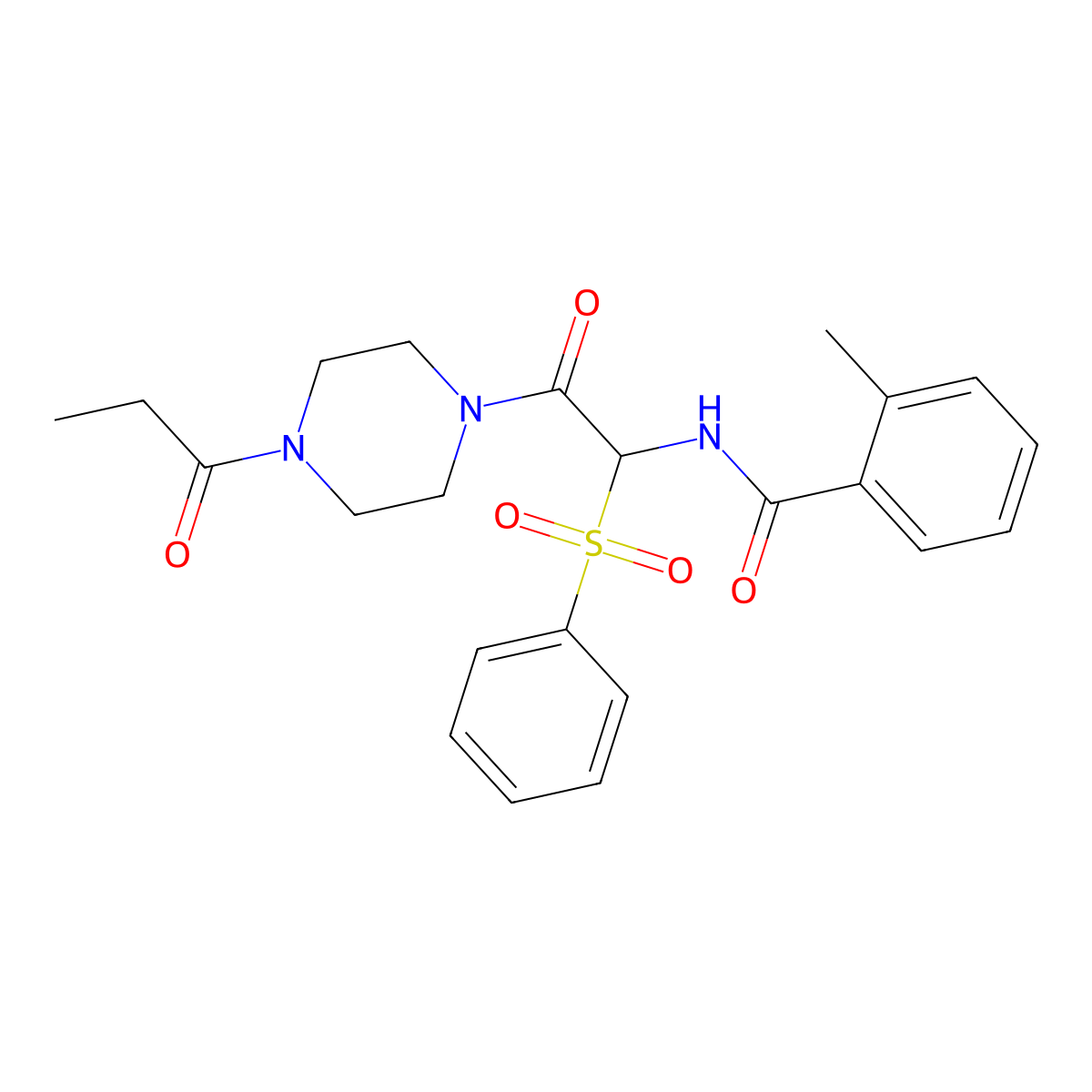 2-methyl-N-(2-oxo-1-(phenylsulfonyl)-2-(4-propionylpiperazin-1-yl)ethyl)benzamide molecular structure, CAS 1032171-87-1
