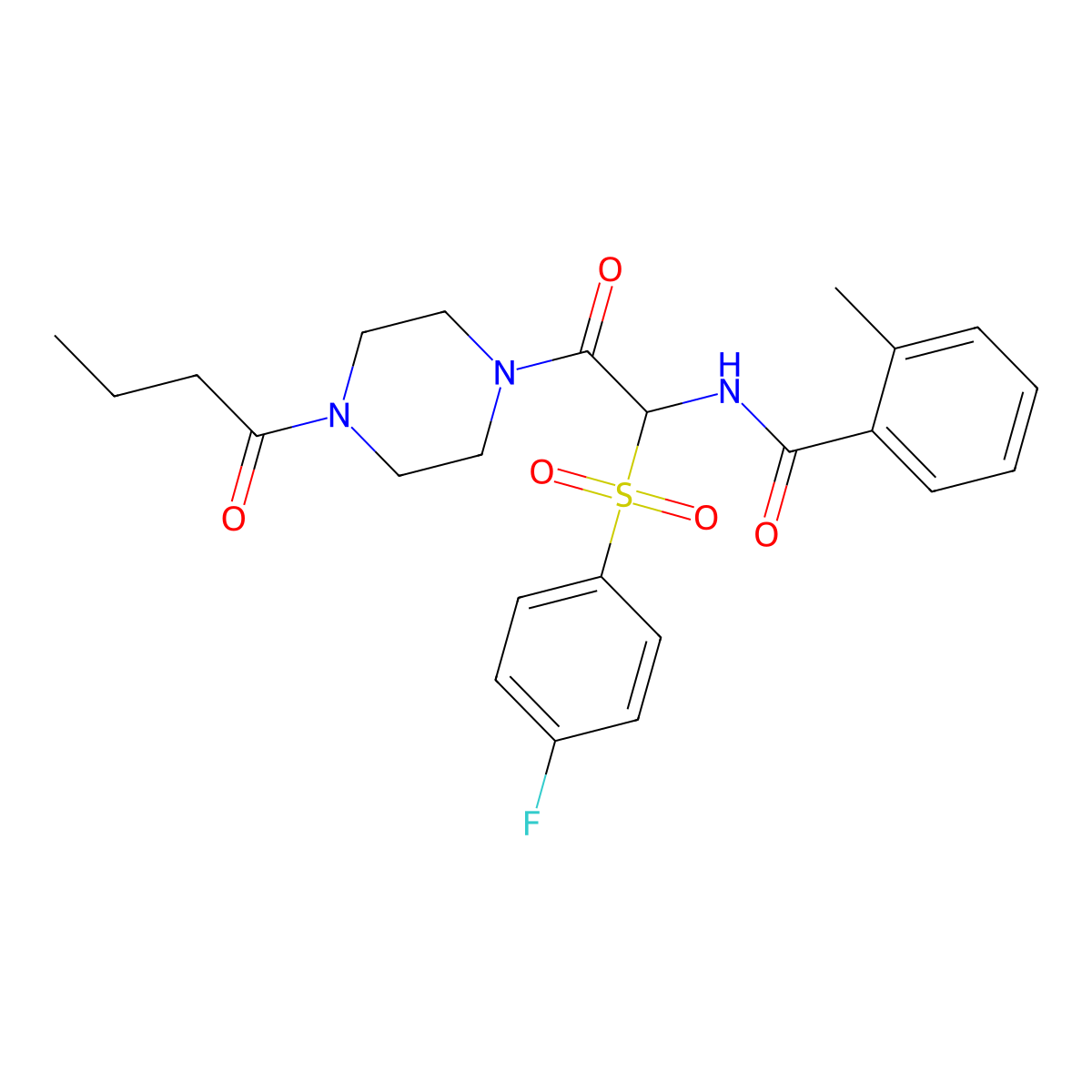 N-(2-(4-butyrylpiperazin-1-yl)-1-((4-fluorophenyl)sulfonyl)-2-oxoethyl)-2-methylbenzamide molecular structure, CAS 1032187-17-9