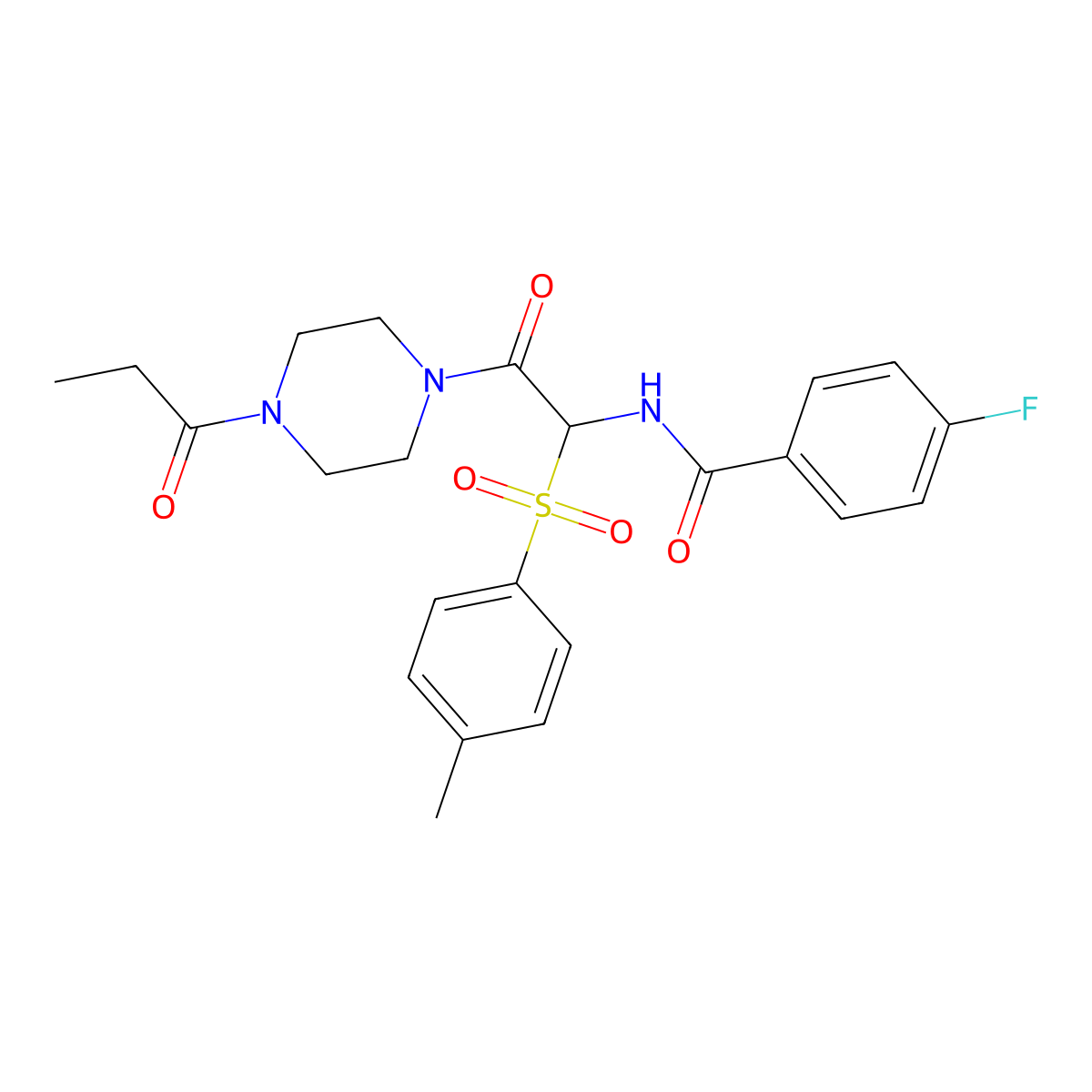 4-fluoro-N-(2-oxo-2-(4-propionylpiperazin-1-yl)-1-tosylethyl)benzamide molecular structure, CAS 1032187-18-0