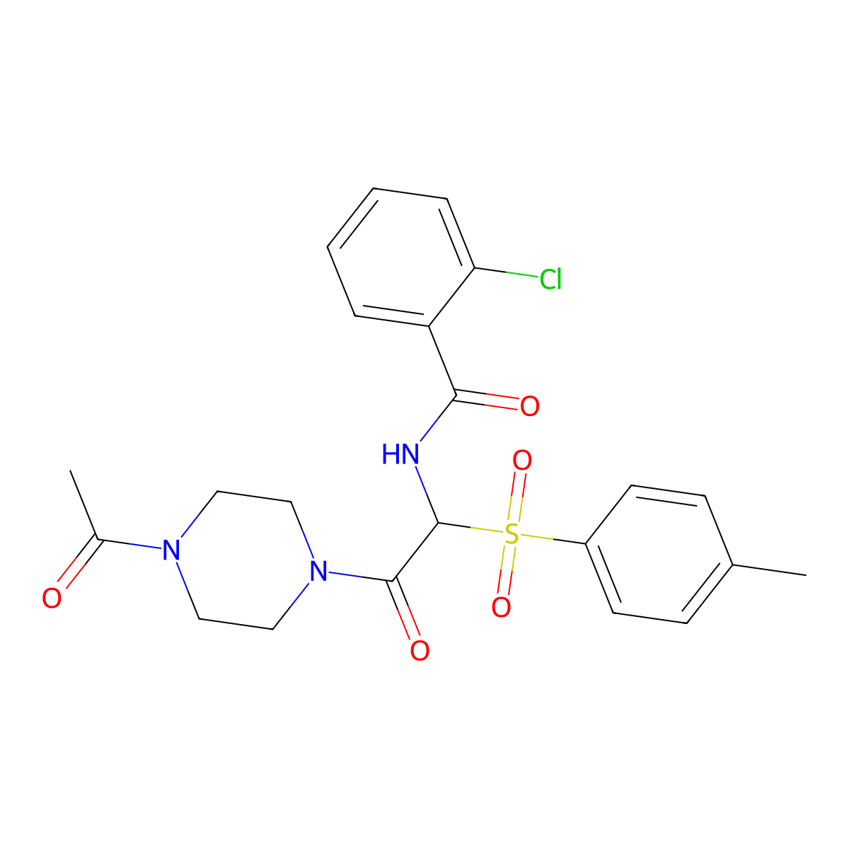 N-(2-(4-acetylpiperazin-1-yl)-2-oxo-1-tosylethyl)-2-chlorobenzamide molecular structure, CAS 1032189-90-4